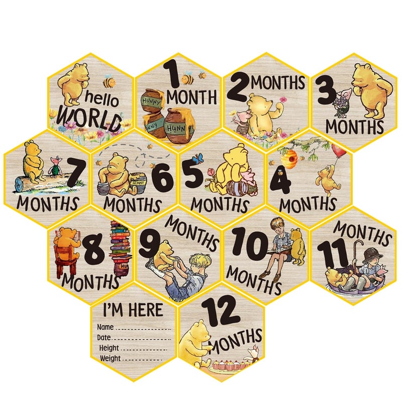 PAMBO The Winnie Baby Bear Month Milestone Circles, Wooden Discs Stuff for Baby Photo Takens with Hello World Name Signs - 7Pcs Double Sided Signs- Laser Engraving - Image 1